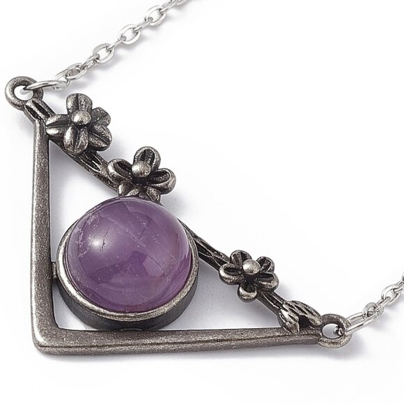 NWOT natural amethyst triangle Flower floral necklace Gemstone pendant - Picture 2 of 4